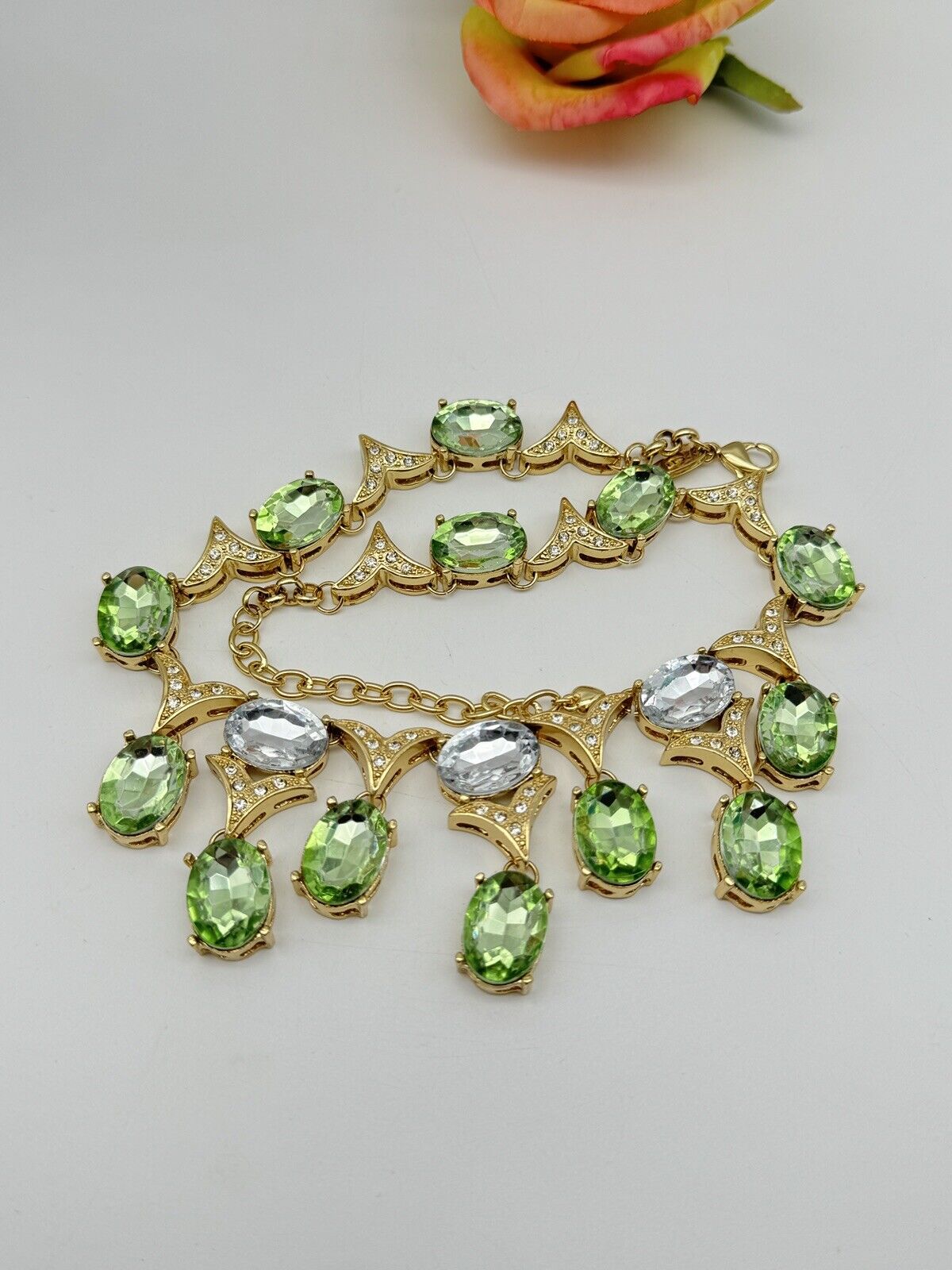 Vintage SIGNED SCAASI Green, Clear, Gold Tone Necklace STATEMENT PIECE