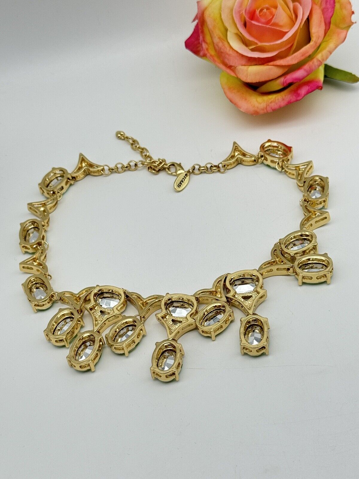 Vintage SIGNED SCAASI Green, Clear, Gold Tone Necklace STATEMENT PIECE