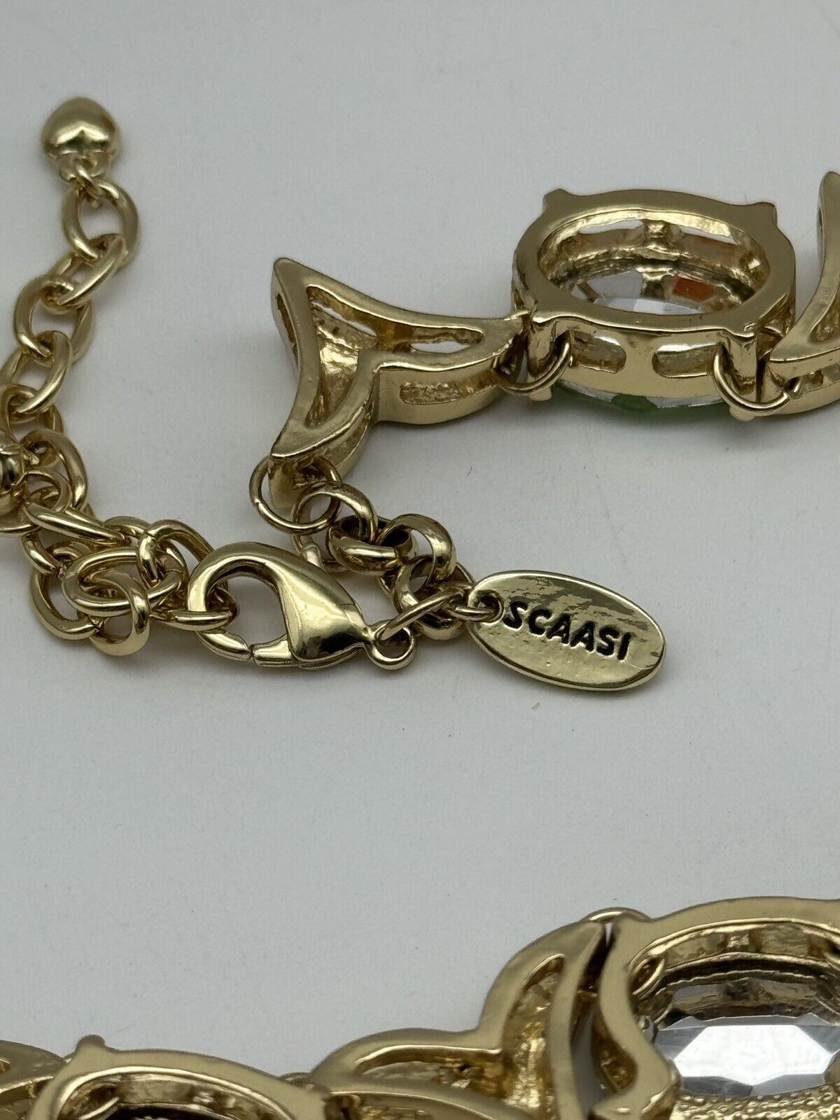 Vintage SIGNED SCAASI Green, Clear, Gold Tone Necklace STATEMENT PIECE