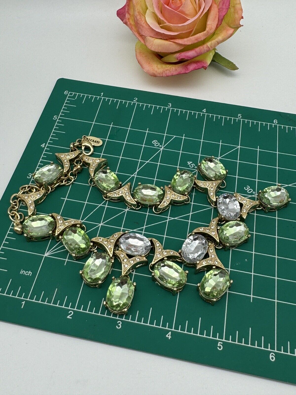 Vintage SIGNED SCAASI Green, Clear, Gold Tone Necklace STATEMENT PIECE