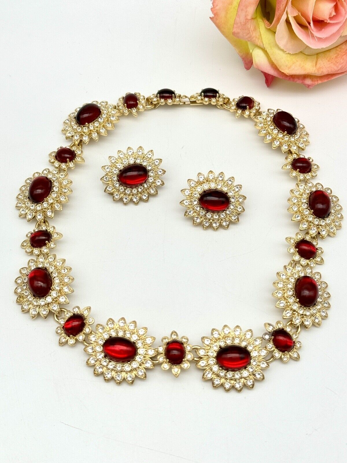SCAASI SIGNED Statement Necklace & Earrings Set “Gold Plated Moghul” Red 16”