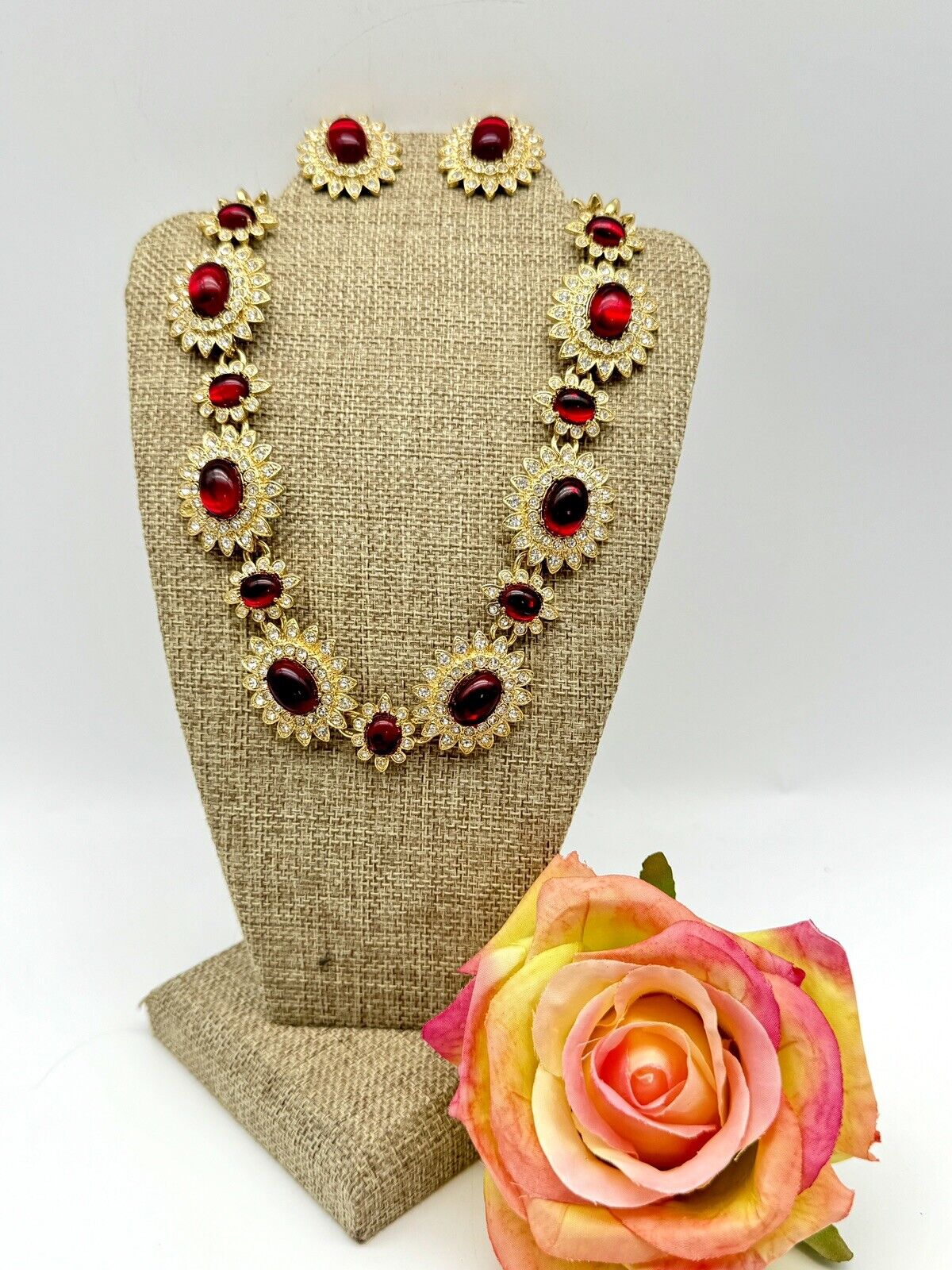 SCAASI SIGNED Statement Necklace & Earrings Set “Gold Plated Moghul” Red 16”