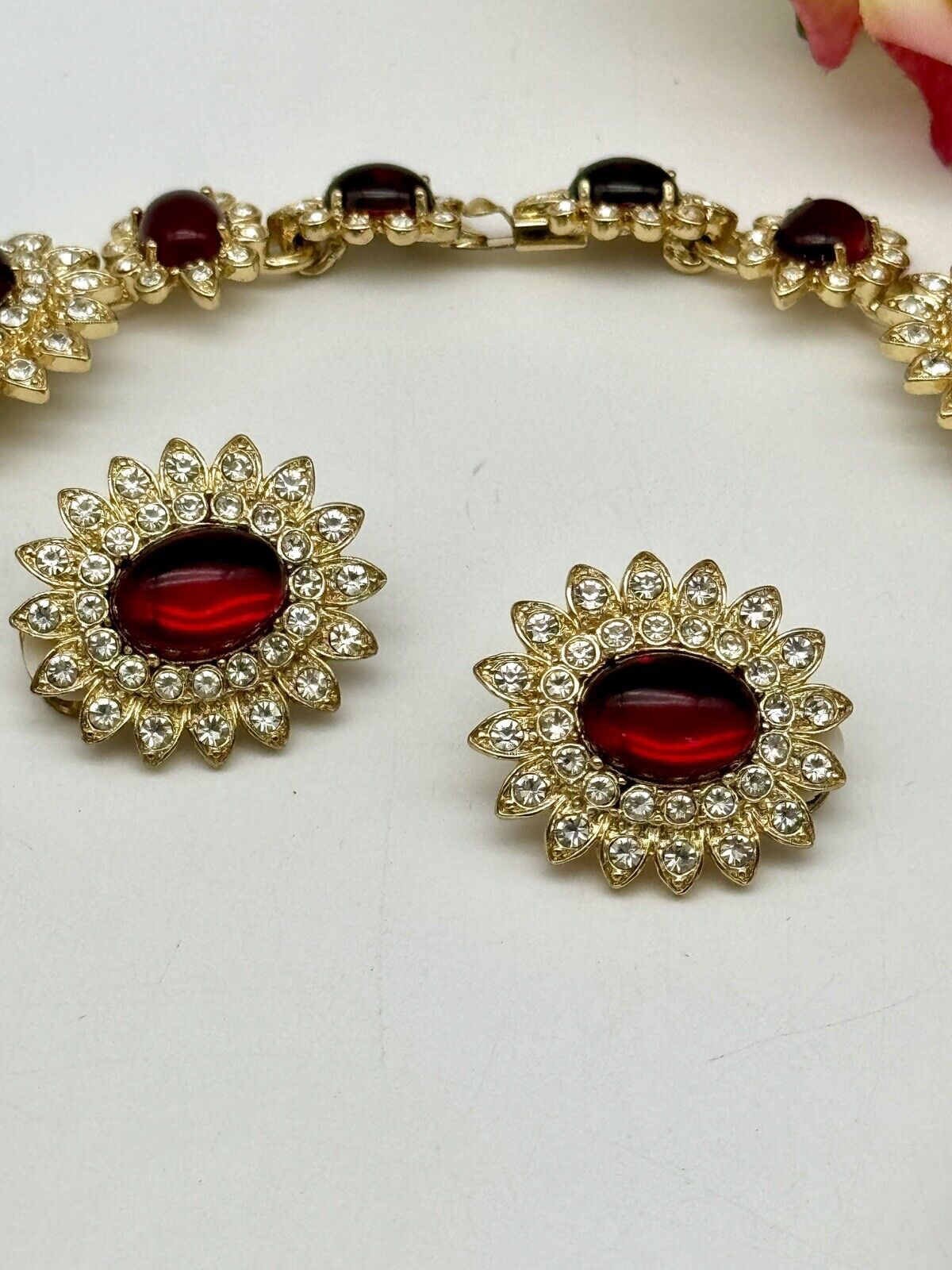 SCAASI SIGNED Statement Necklace & Earrings Set “Gold Plated Moghul” Red 16”