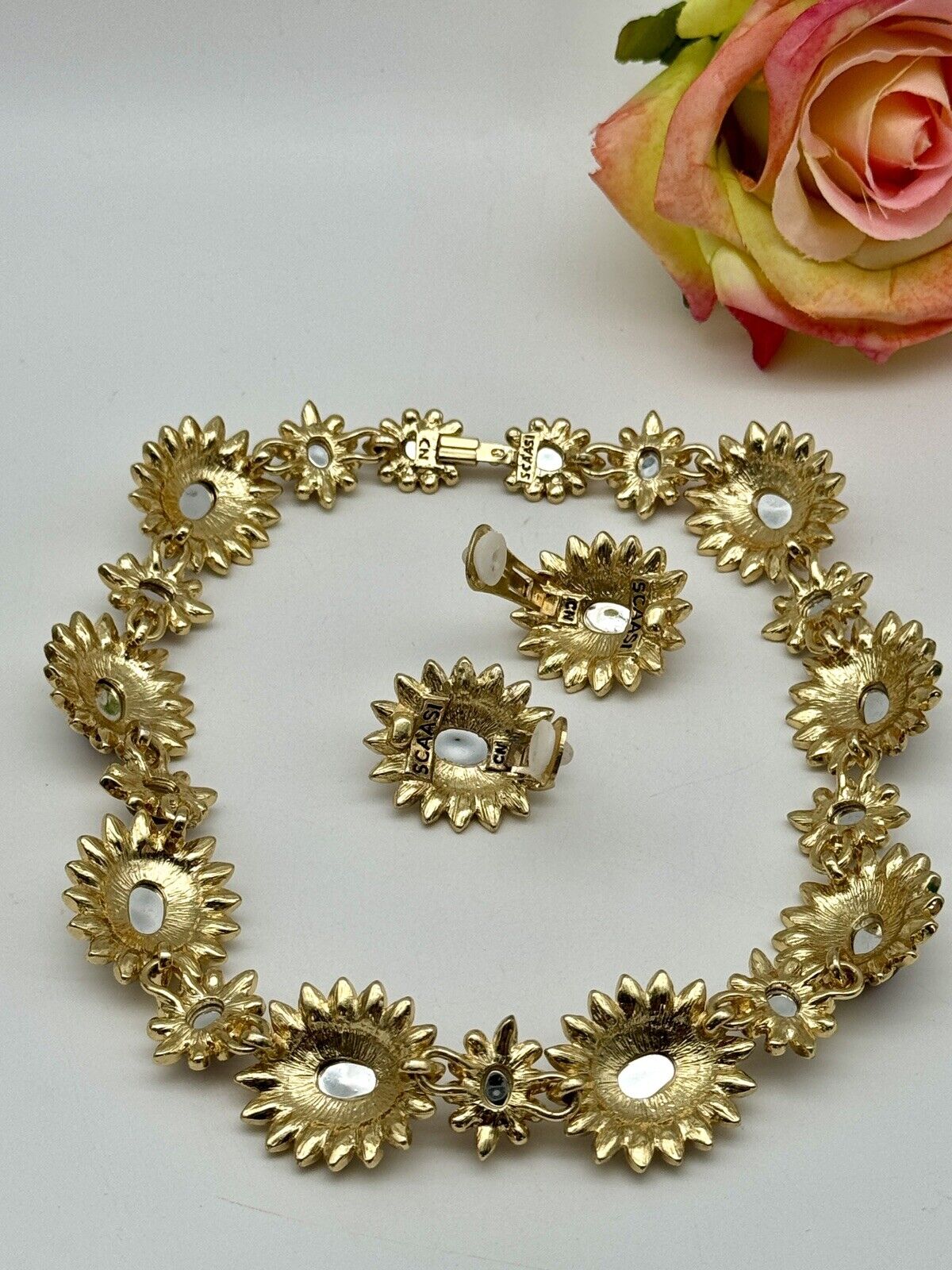 SCAASI SIGNED Statement Necklace & Earrings Set “Gold Plated Moghul” Red 16”