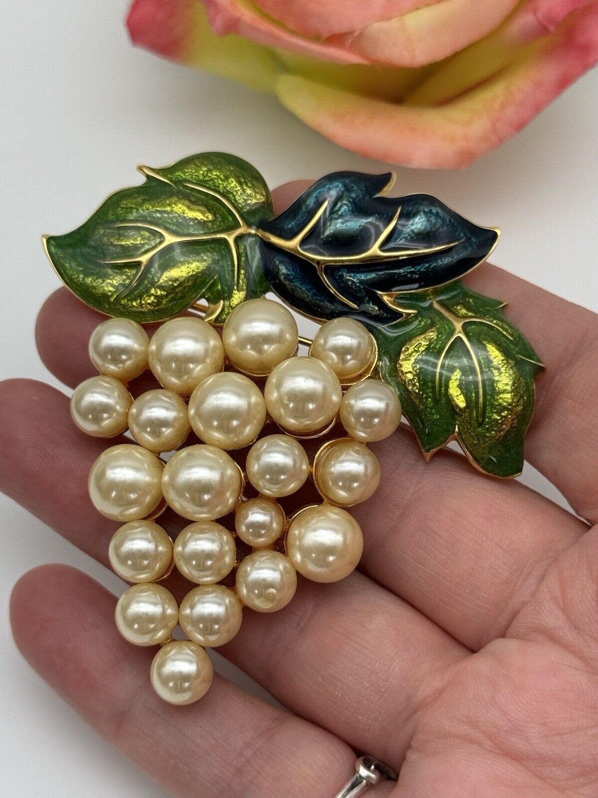 Large Vintage Faux Pearl Enamel Grape Brooch 3” ESTATE FIND