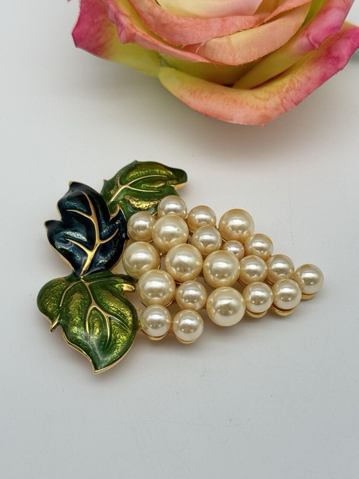 Large Vintage Faux Pearl Enamel Grape Brooch 3” ESTATE FIND