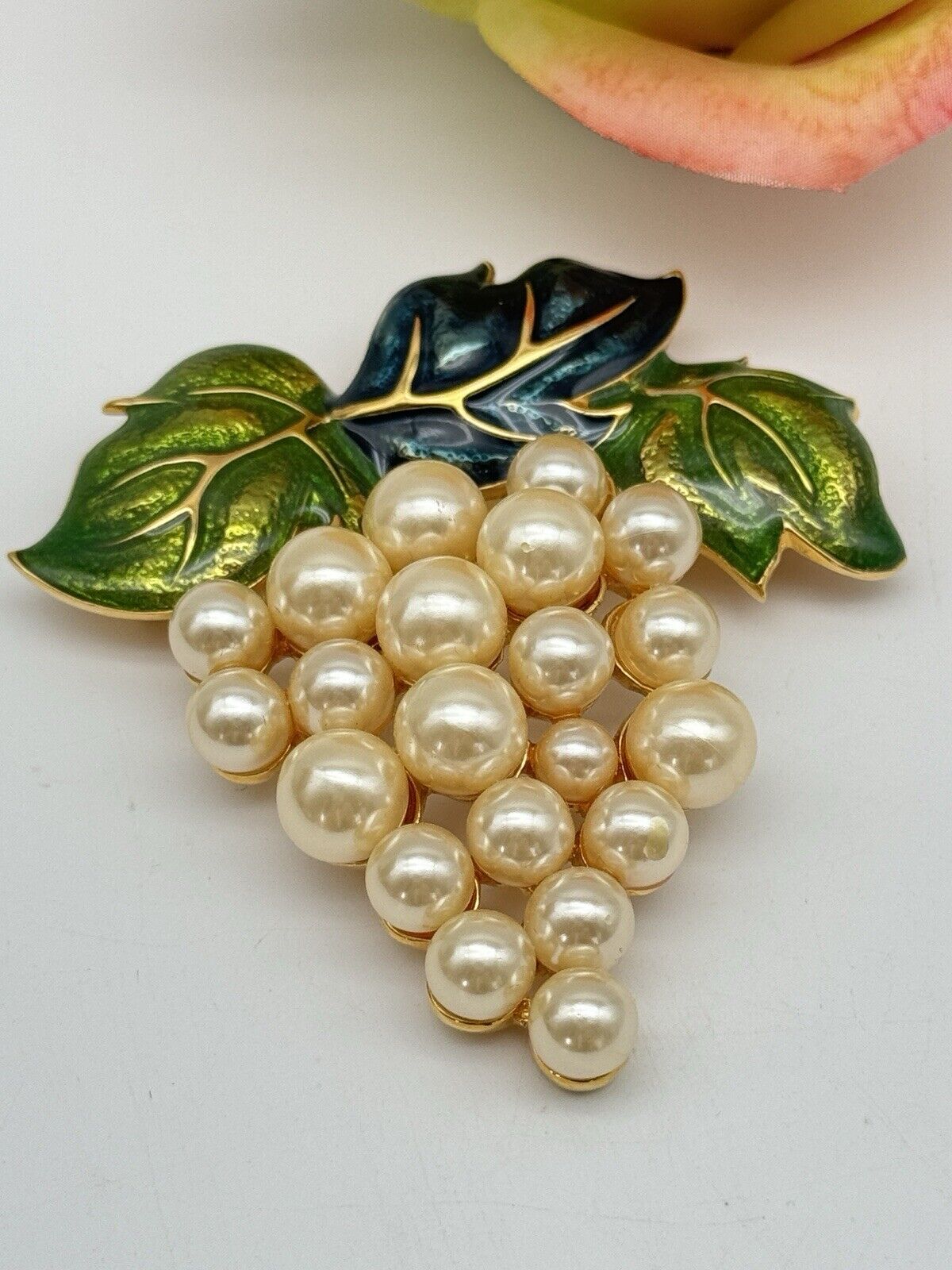 Large Vintage Faux Pearl Enamel Grape Brooch 3” ESTATE FIND