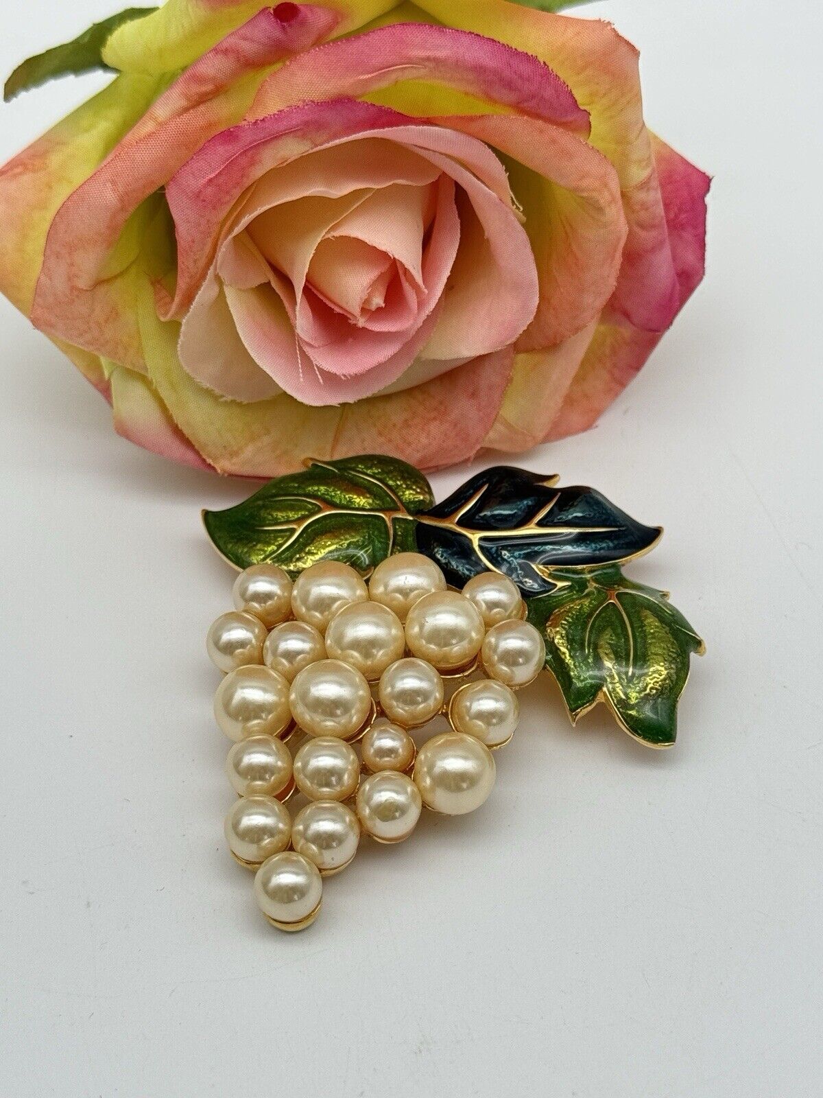 Large Vintage Faux Pearl Enamel Grape Brooch 3” ESTATE FIND