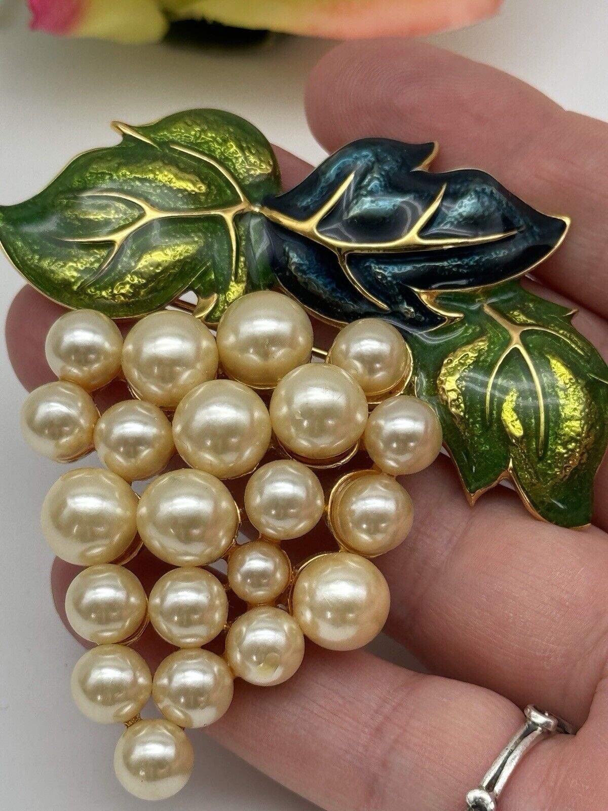 Large Vintage Faux Pearl Enamel Grape Brooch 3” ESTATE FIND