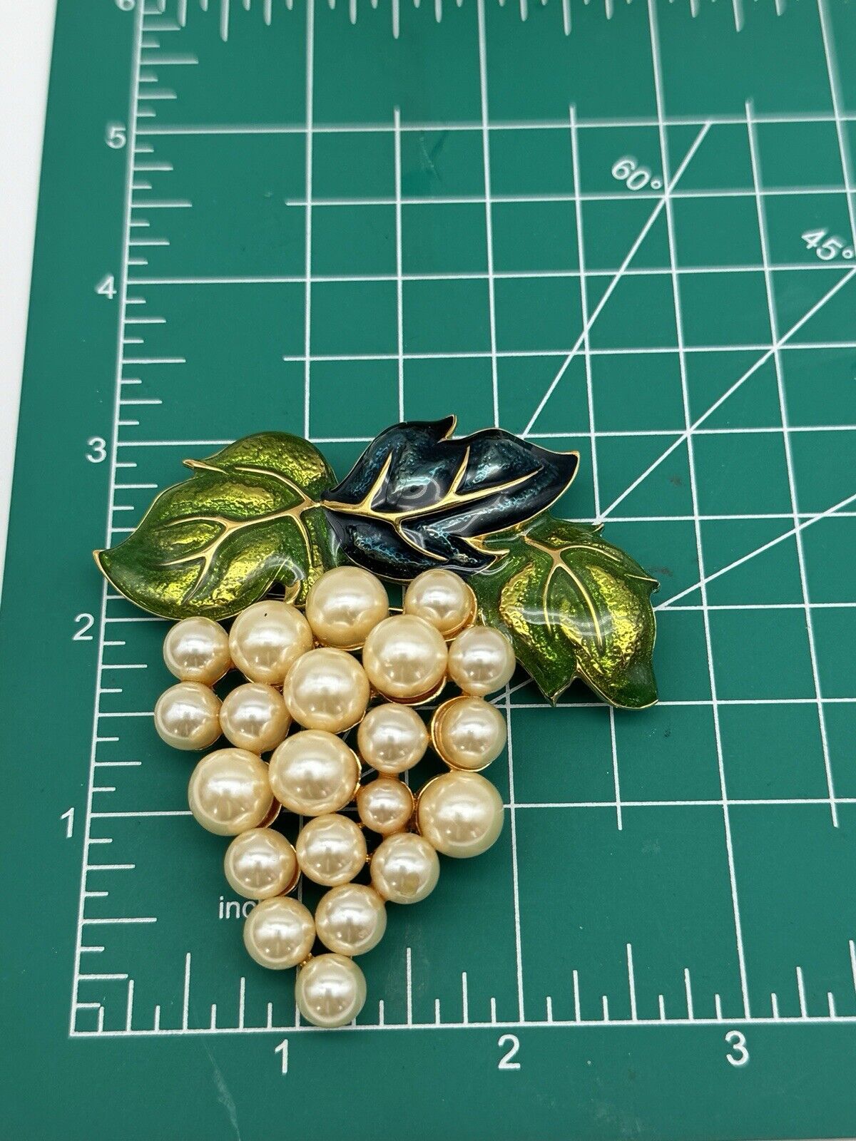 Large Vintage Faux Pearl Enamel Grape Brooch 3” ESTATE FIND