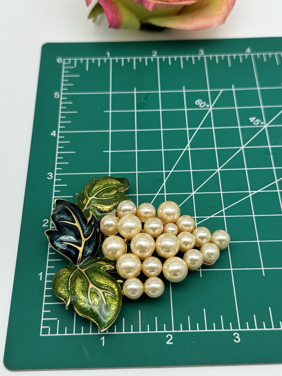 Large Vintage Faux Pearl Enamel Grape Brooch 3” ESTATE FIND