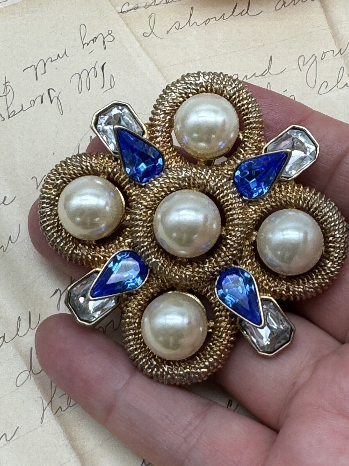 SCAASI Designer Goldtone Faux Pearl Blue Rhinestone MALTESE CROSS BROOCH PENDANT