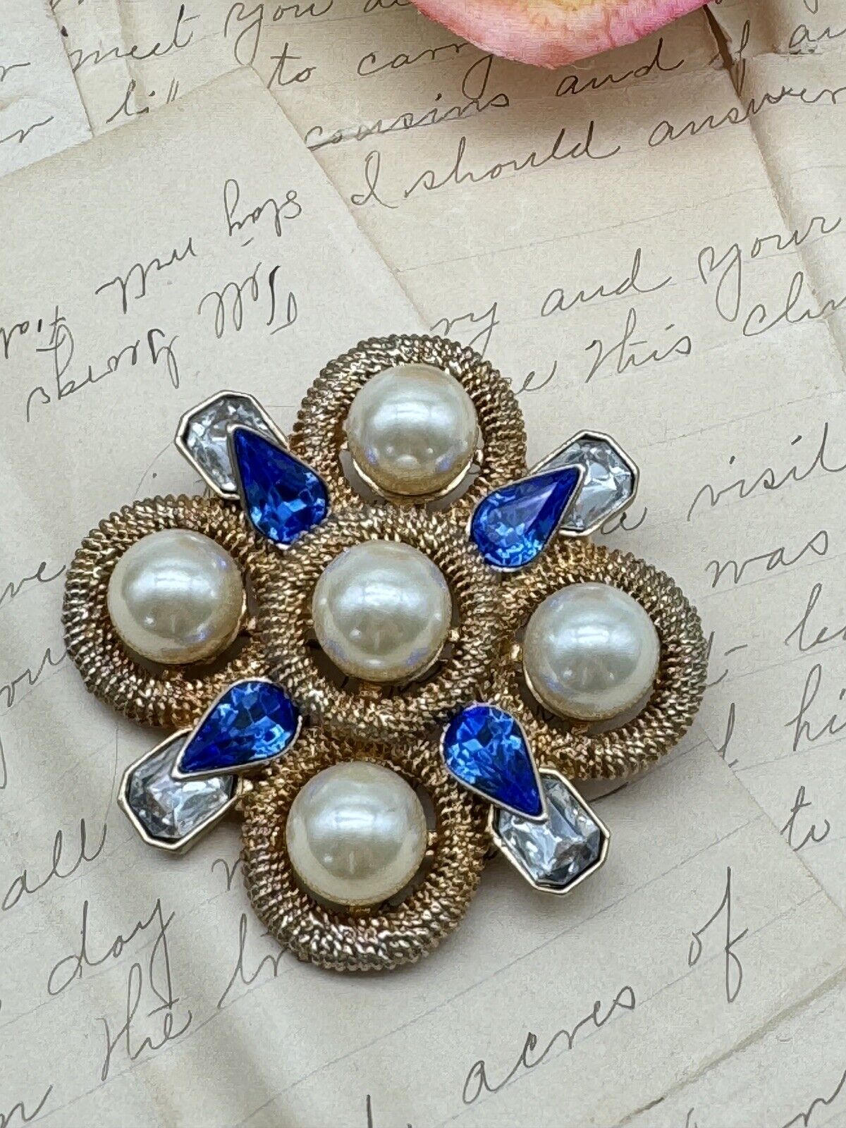 SCAASI Designer Goldtone Faux Pearl Blue Rhinestone MALTESE CROSS BROOCH PENDANT