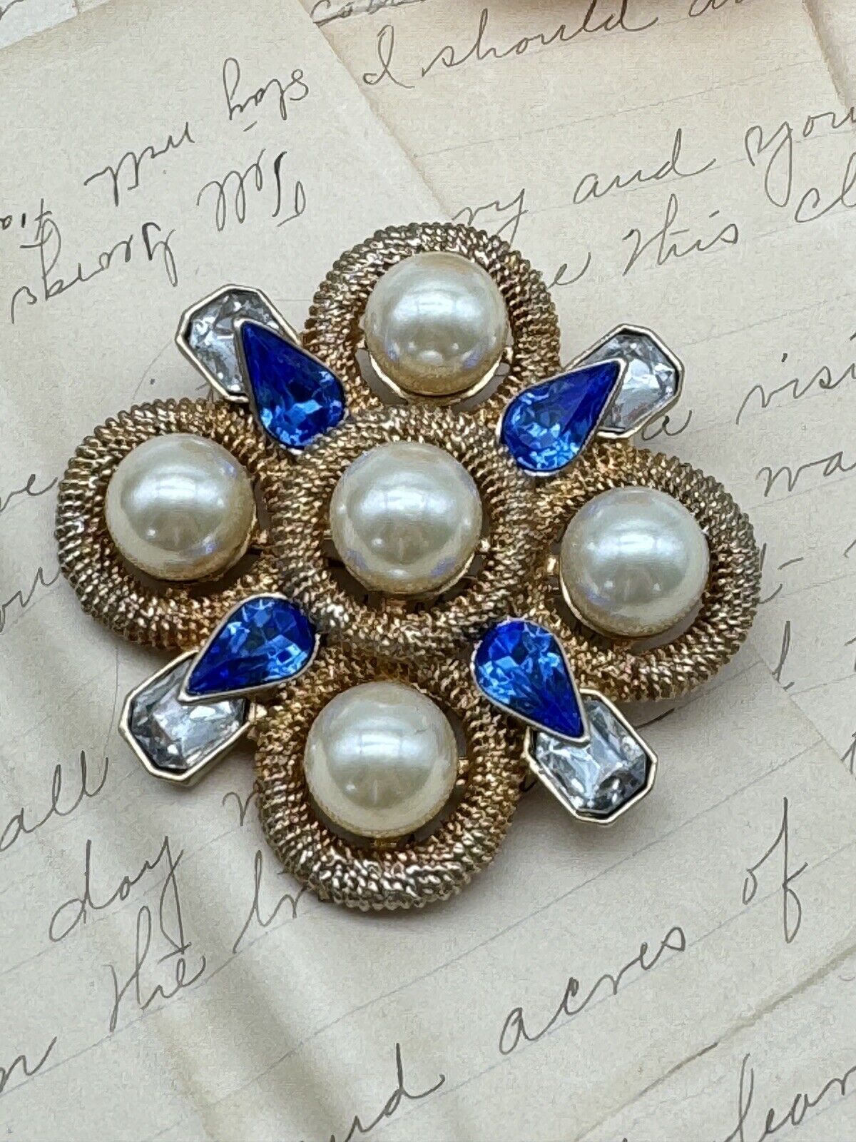 SCAASI Designer Goldtone Faux Pearl Blue Rhinestone MALTESE CROSS BROOCH PENDANT