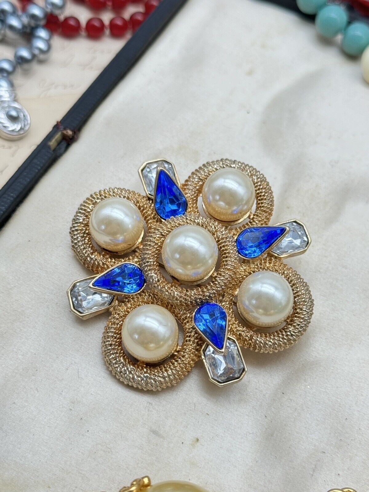 SCAASI Designer Goldtone Faux Pearl Blue Rhinestone MALTESE CROSS BROOCH PENDANT