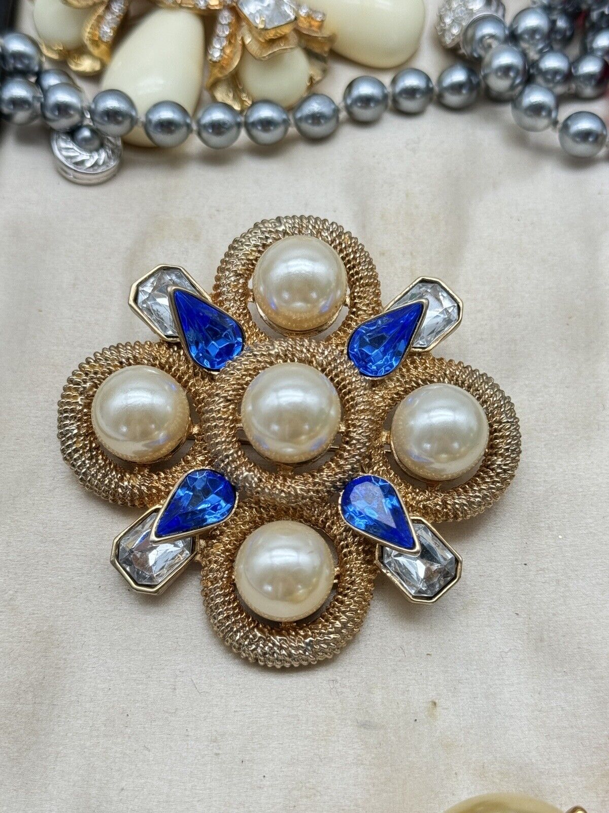 SCAASI Designer Goldtone Faux Pearl Blue Rhinestone MALTESE CROSS BROOCH PENDANT
