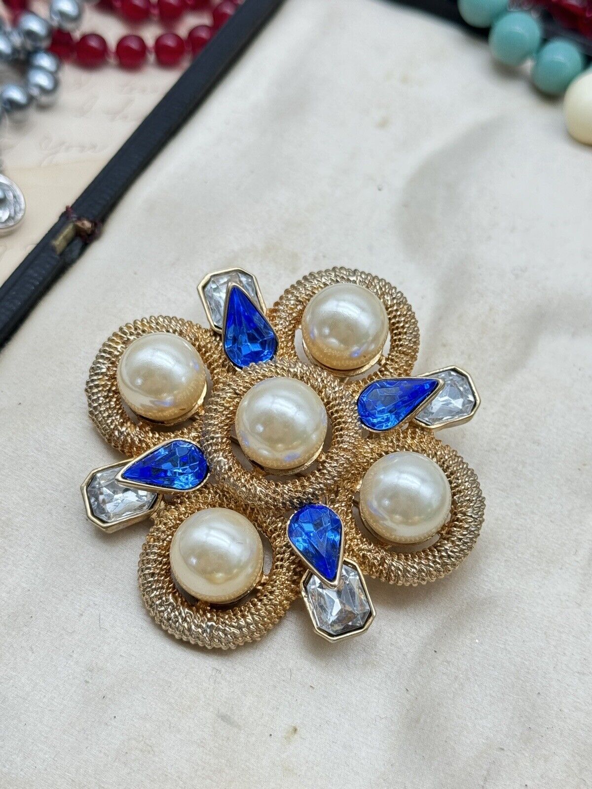 SCAASI Designer Goldtone Faux Pearl Blue Rhinestone MALTESE CROSS BROOCH PENDANT