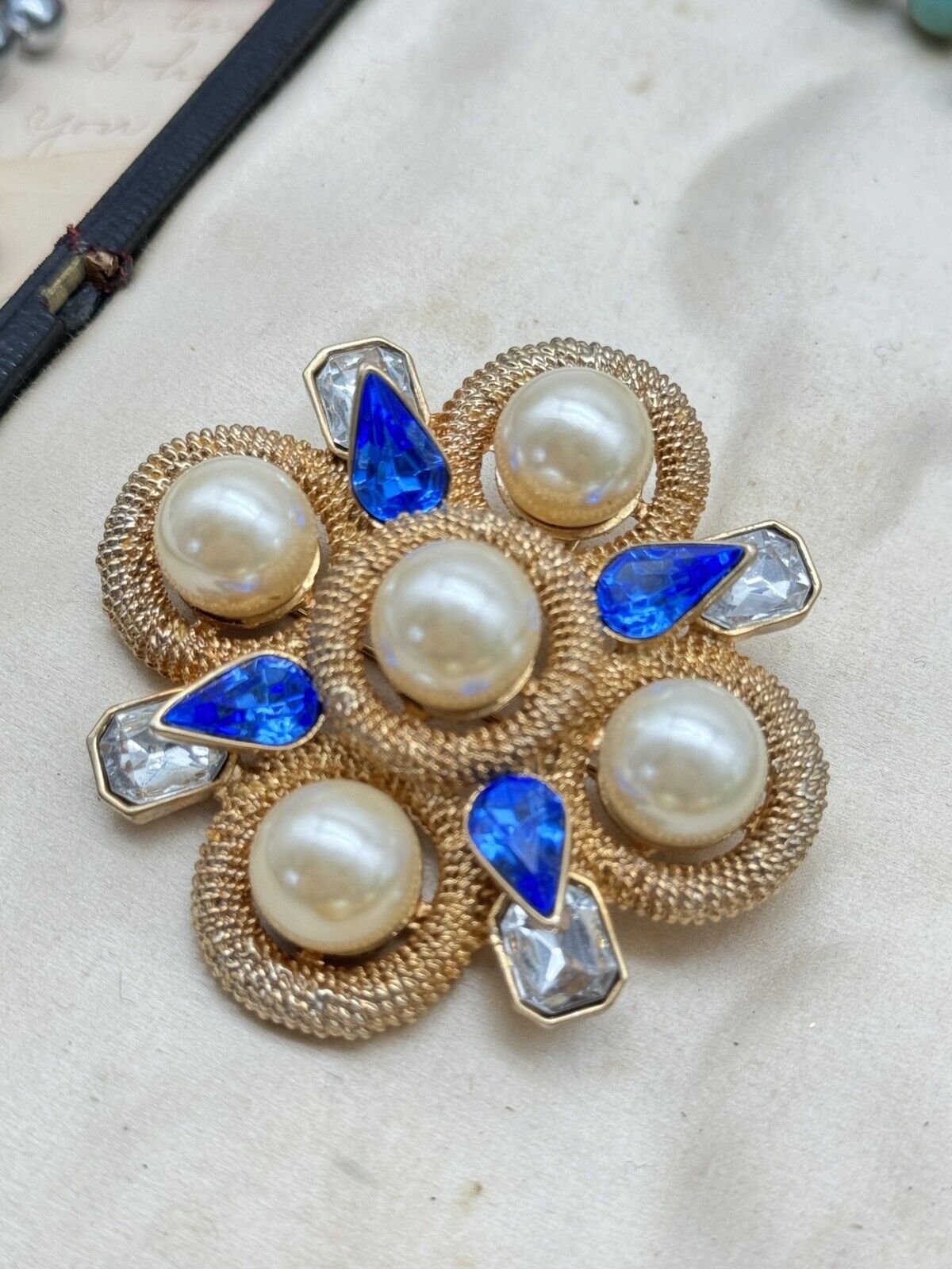 SCAASI Designer Goldtone Faux Pearl Blue Rhinestone MALTESE CROSS BROOCH PENDANT
