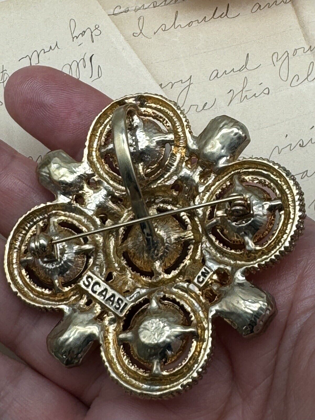 SCAASI Designer Goldtone Faux Pearl Blue Rhinestone MALTESE CROSS BROOCH PENDANT