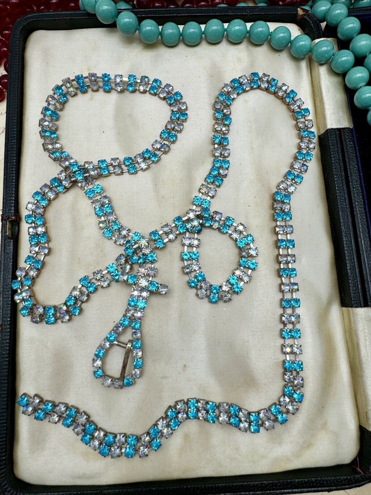 Vintage RHINESTONE Belt Buckle Necklace Blue Clear AB 41”l