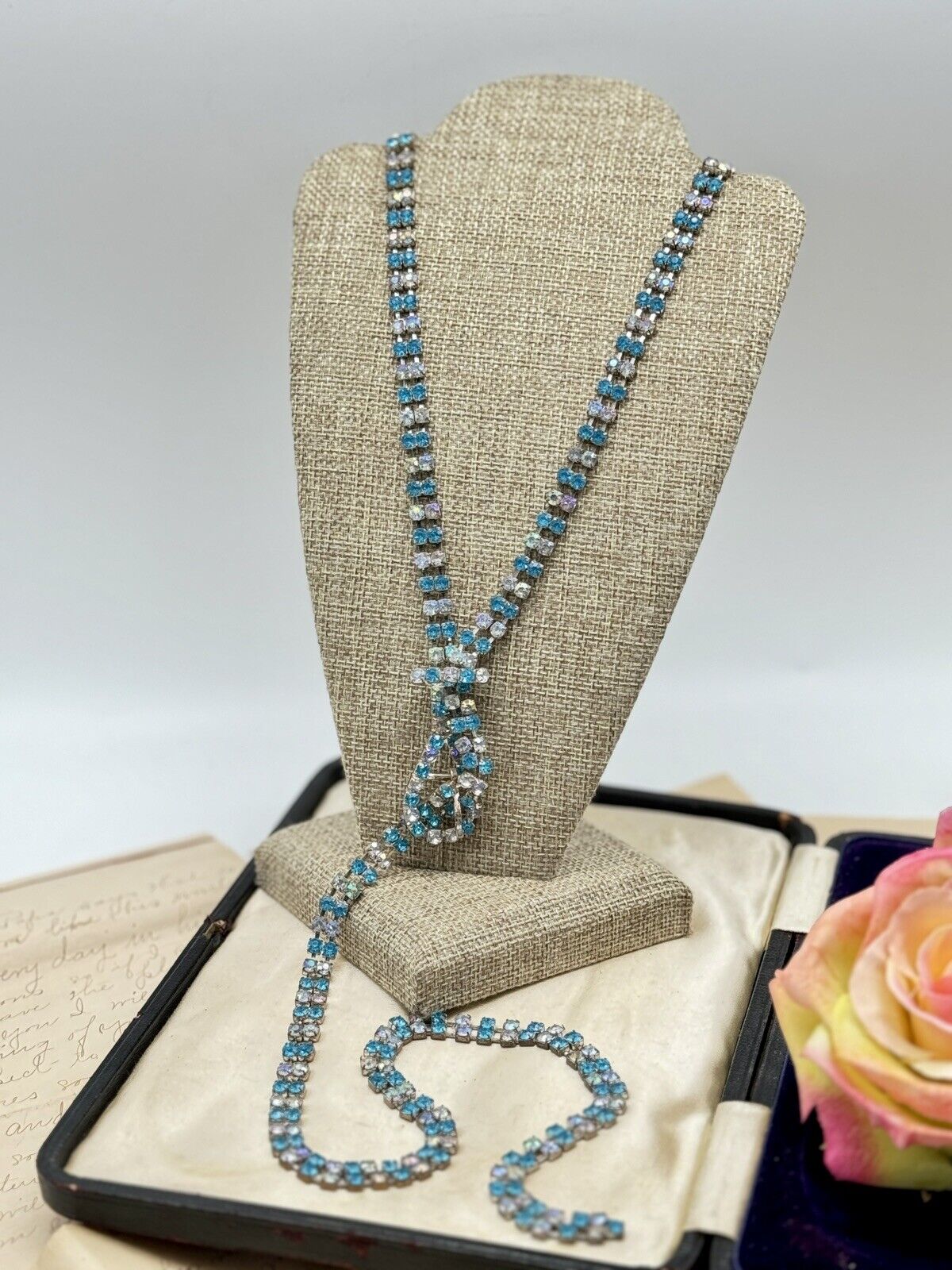 Vintage RHINESTONE Belt Buckle Necklace Blue Clear AB 41”l