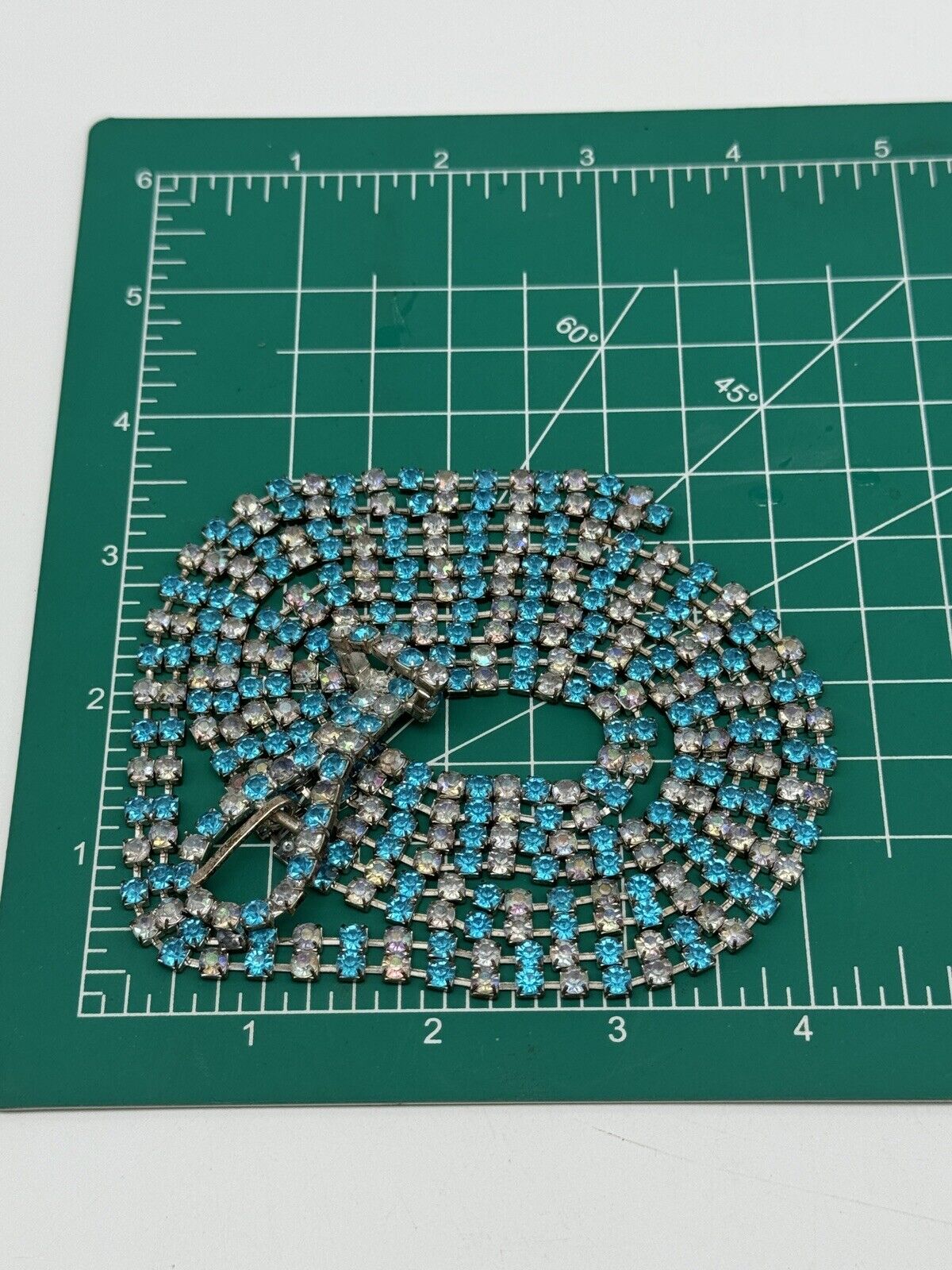 Vintage RHINESTONE Belt Buckle Necklace Blue Clear AB 41”l