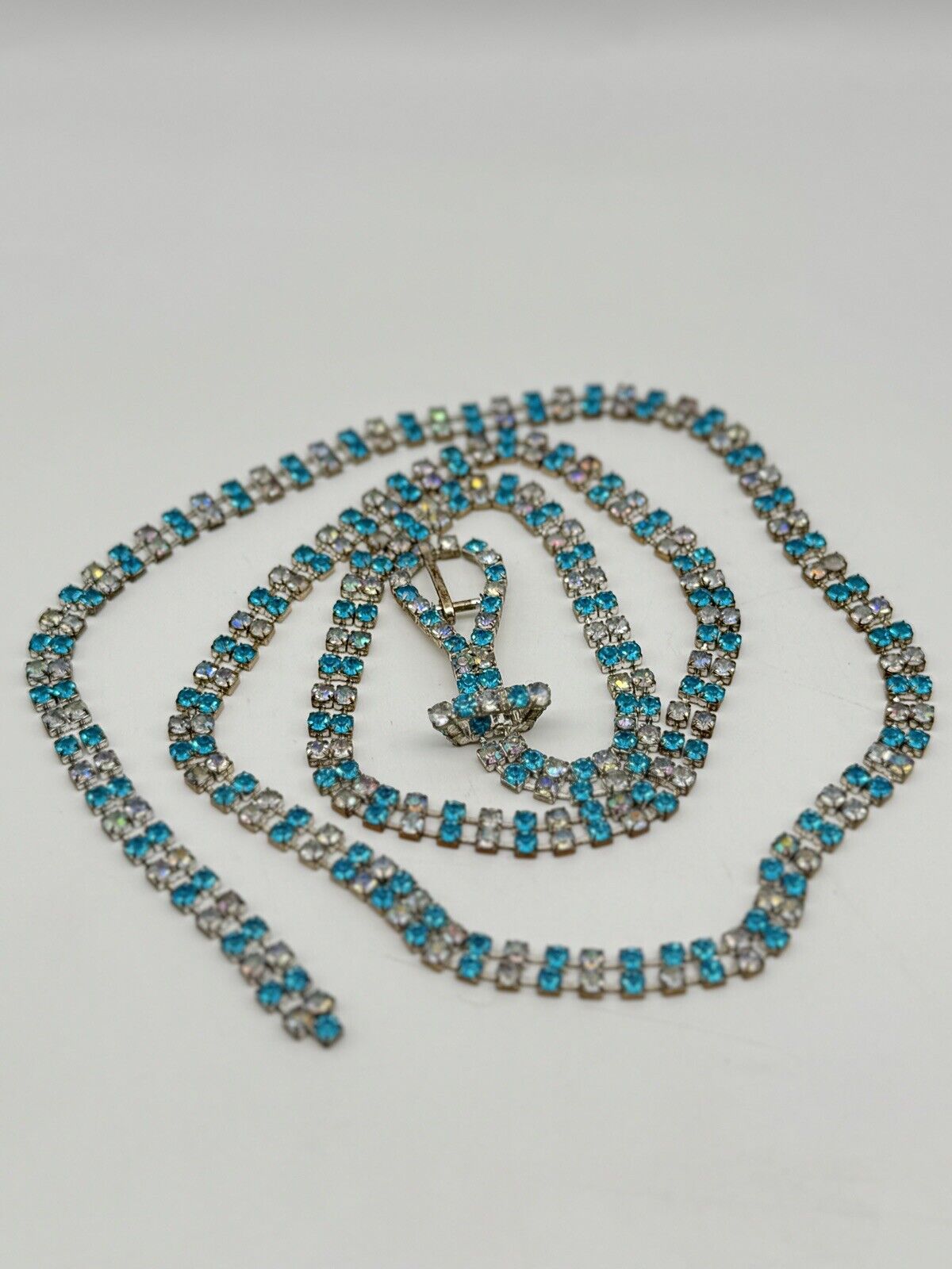 Vintage RHINESTONE Belt Buckle Necklace Blue Clear AB 41”l