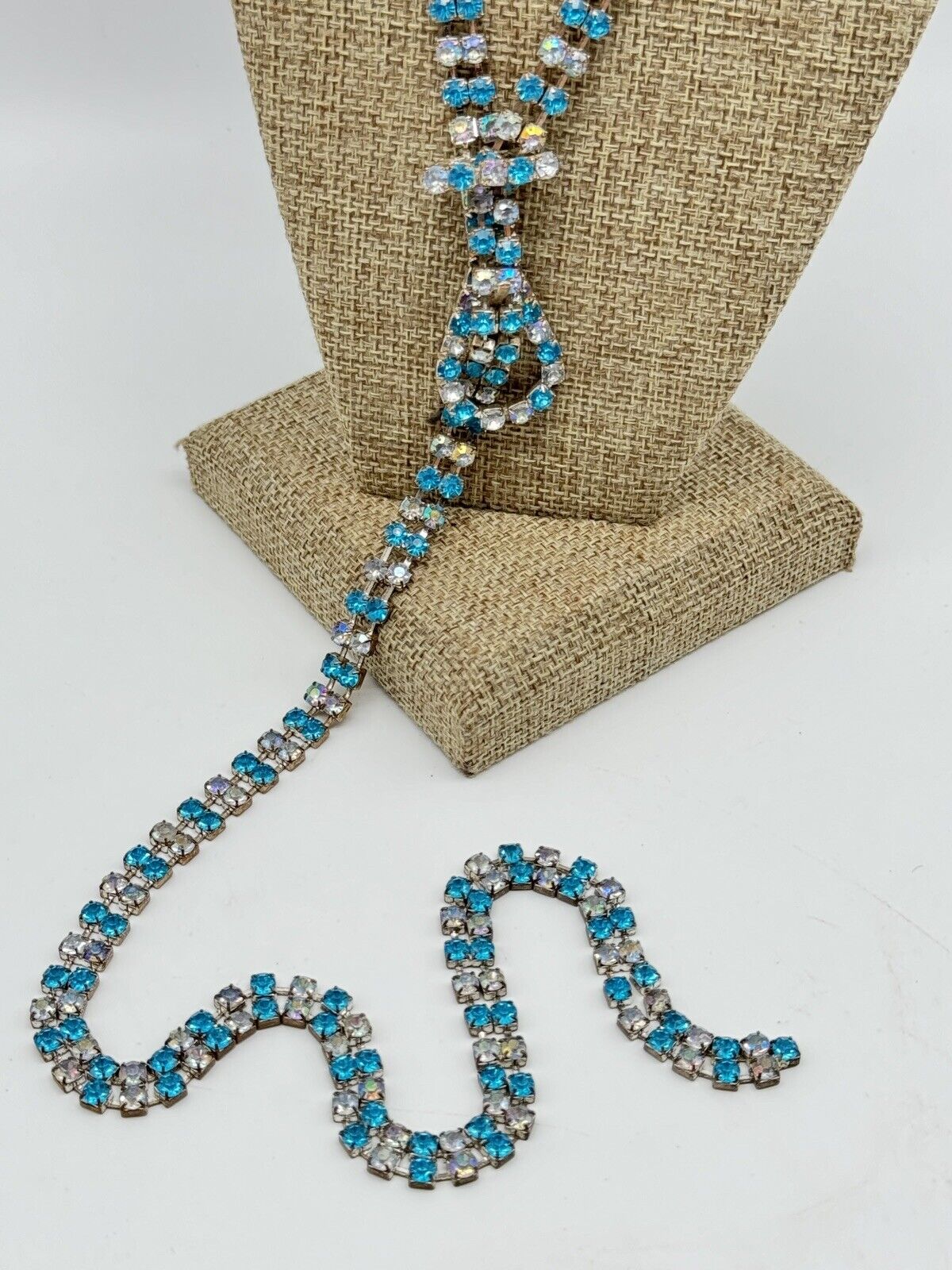 Vintage RHINESTONE Belt Buckle Necklace Blue Clear AB 41”l