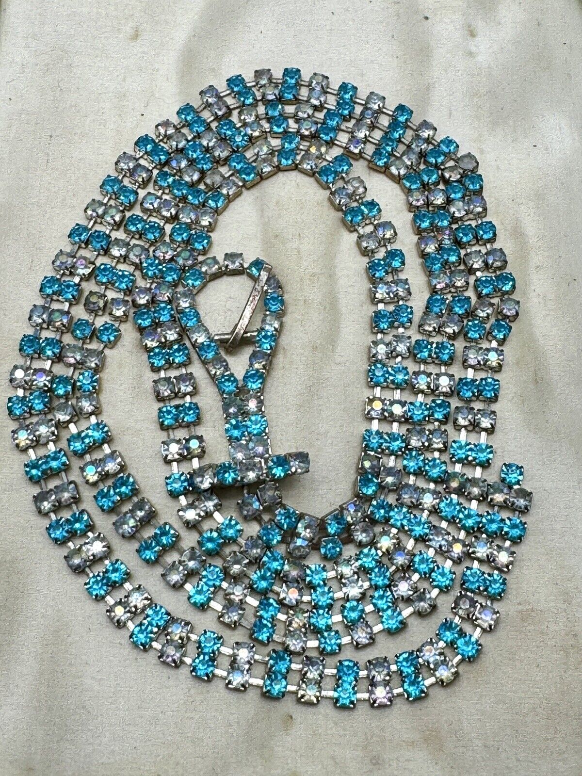 Vintage RHINESTONE Belt Buckle Necklace Blue Clear AB 41”l
