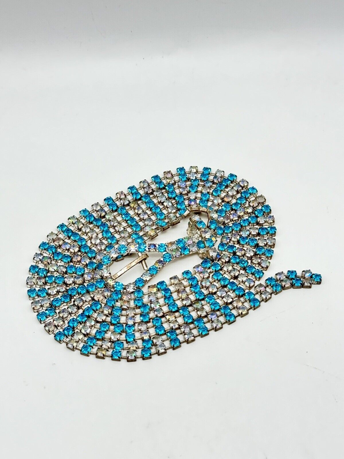 Vintage RHINESTONE Belt Buckle Necklace Blue Clear AB 41”l