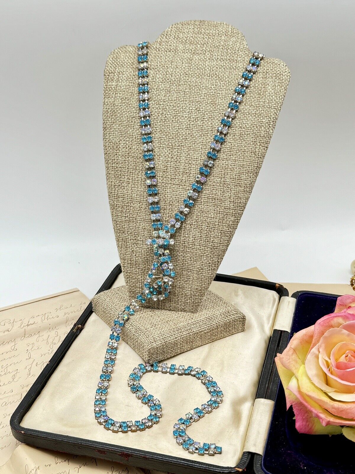 Vintage RHINESTONE Belt Buckle Necklace Blue Clear AB 41”l