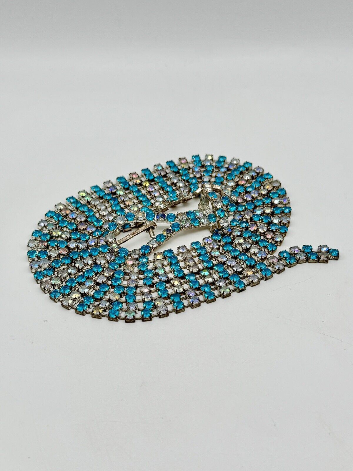Vintage RHINESTONE Belt Buckle Necklace Blue Clear AB 41”l