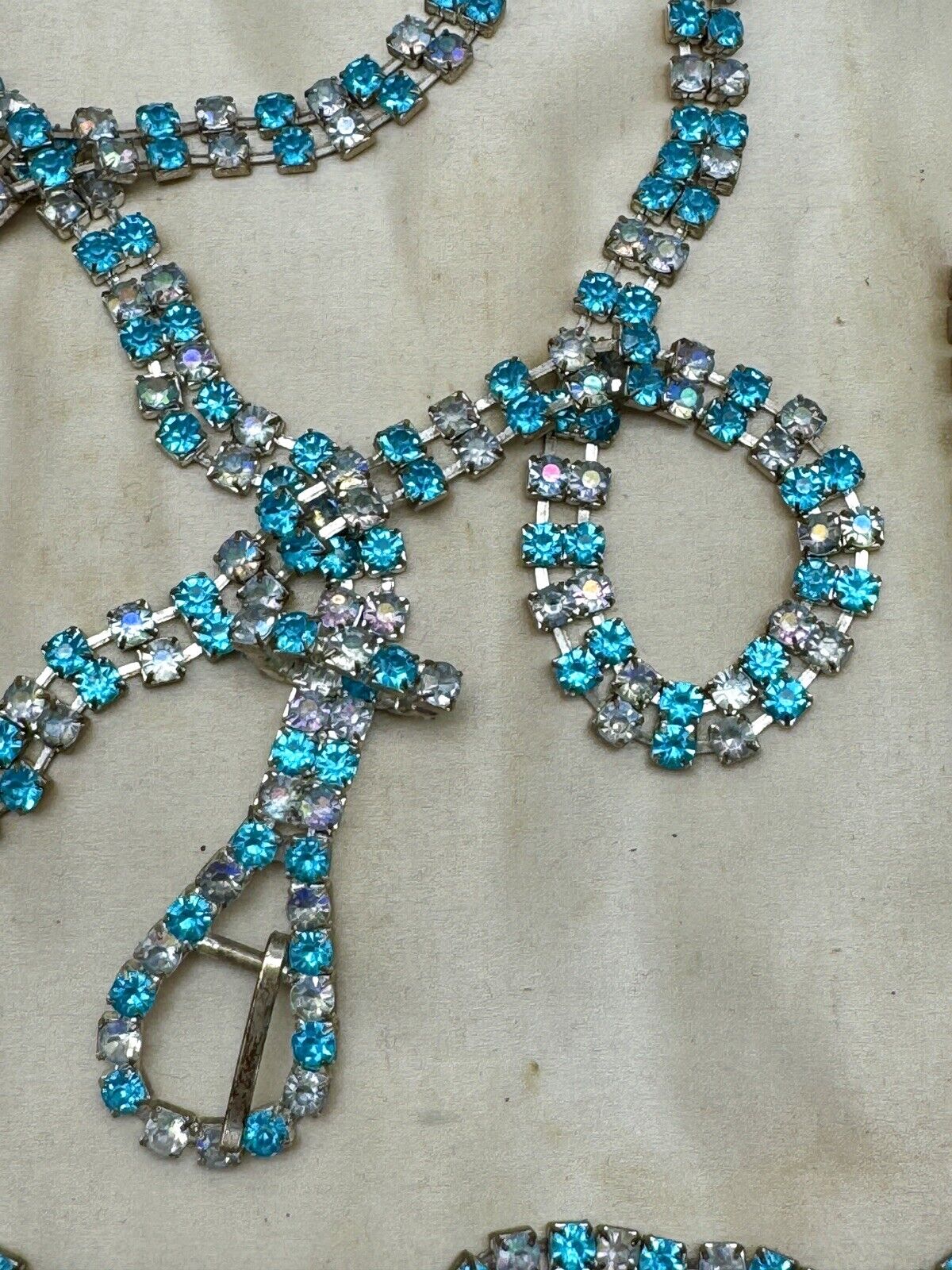 Vintage RHINESTONE Belt Buckle Necklace Blue Clear AB 41”l