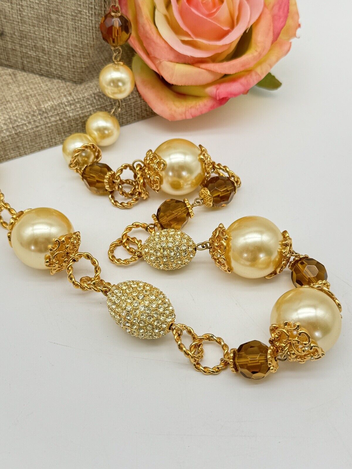 Large VINTAGE Estate Quality 42”l Faux Pearl Rhinestone Necklace