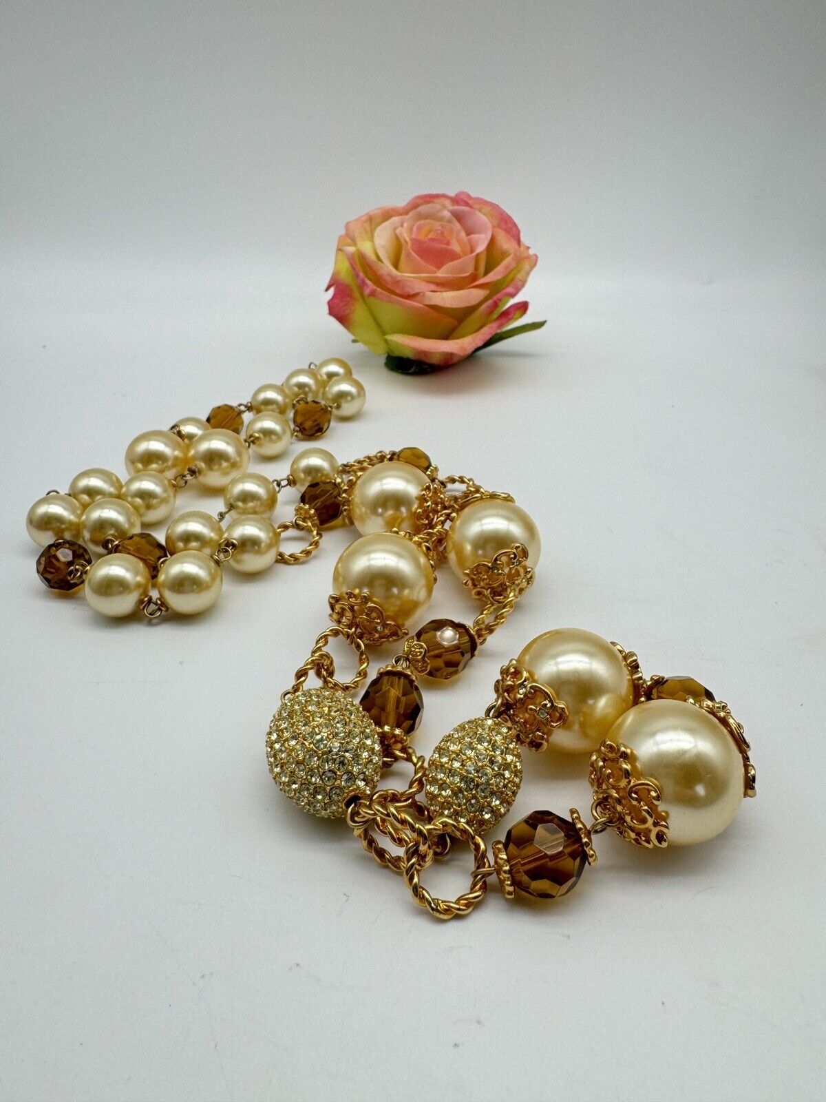 Large VINTAGE Estate Quality 42”l Faux Pearl Rhinestone Necklace