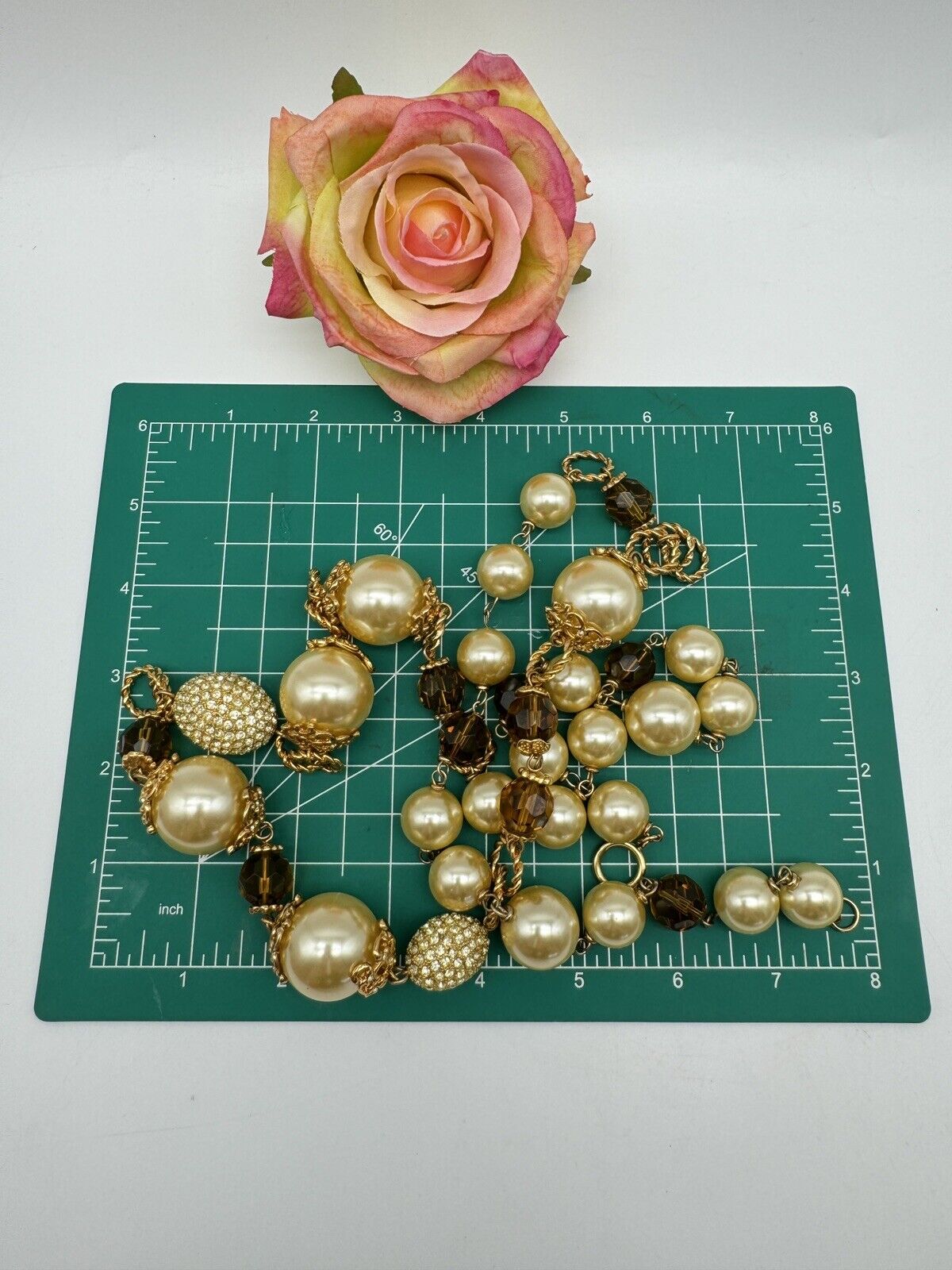 Large VINTAGE Estate Quality 42”l Faux Pearl Rhinestone Necklace