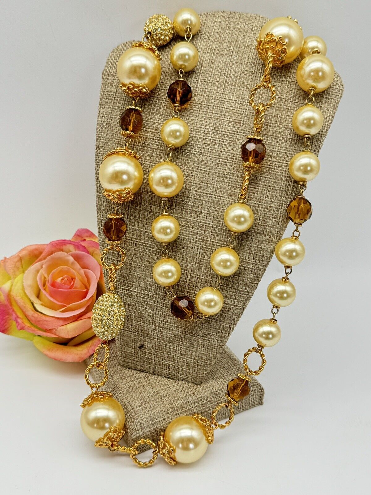 Large VINTAGE Estate Quality 42”l Faux Pearl Rhinestone Necklace
