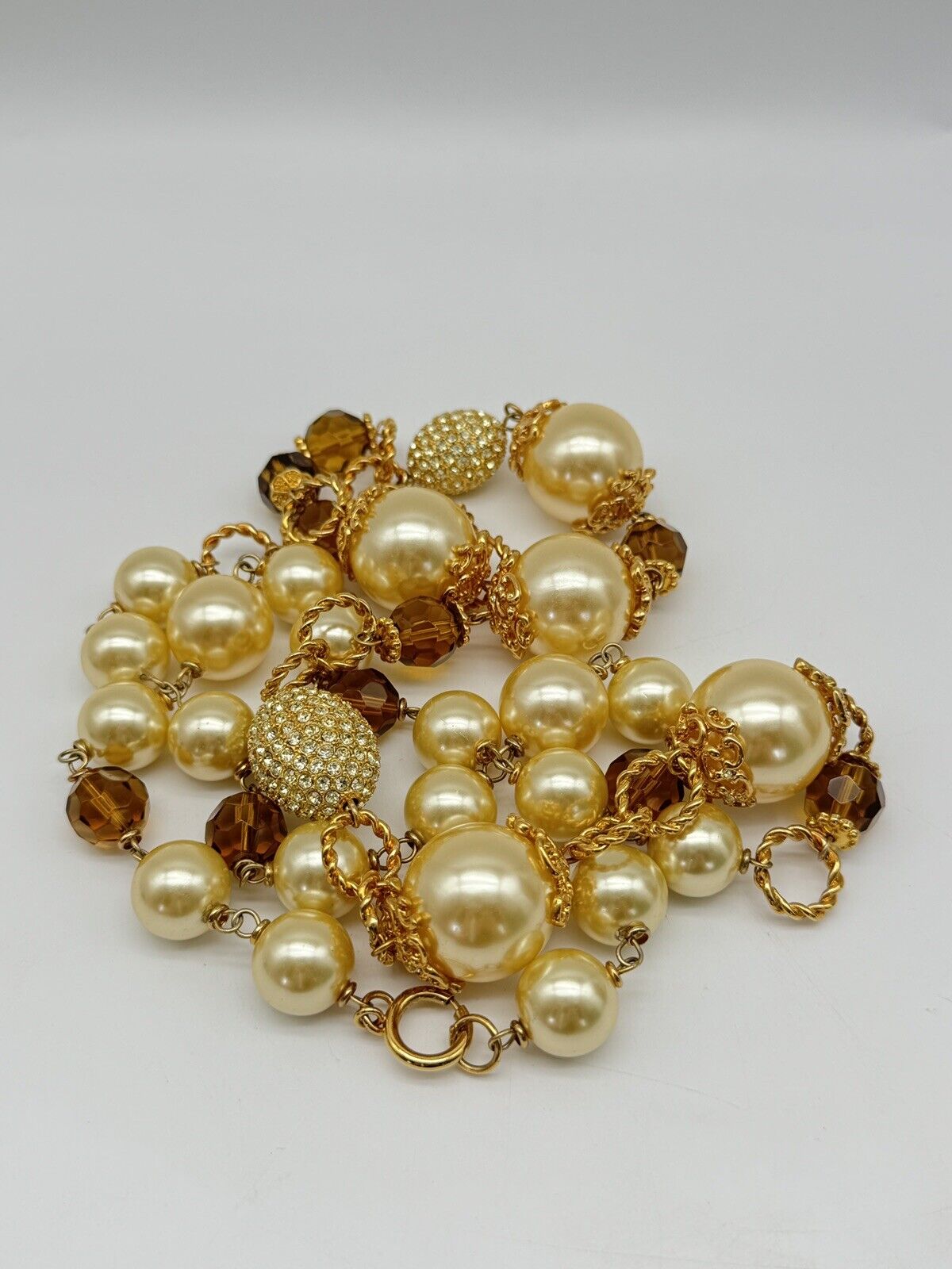 Large VINTAGE Estate Quality 42”l Faux Pearl Rhinestone Necklace