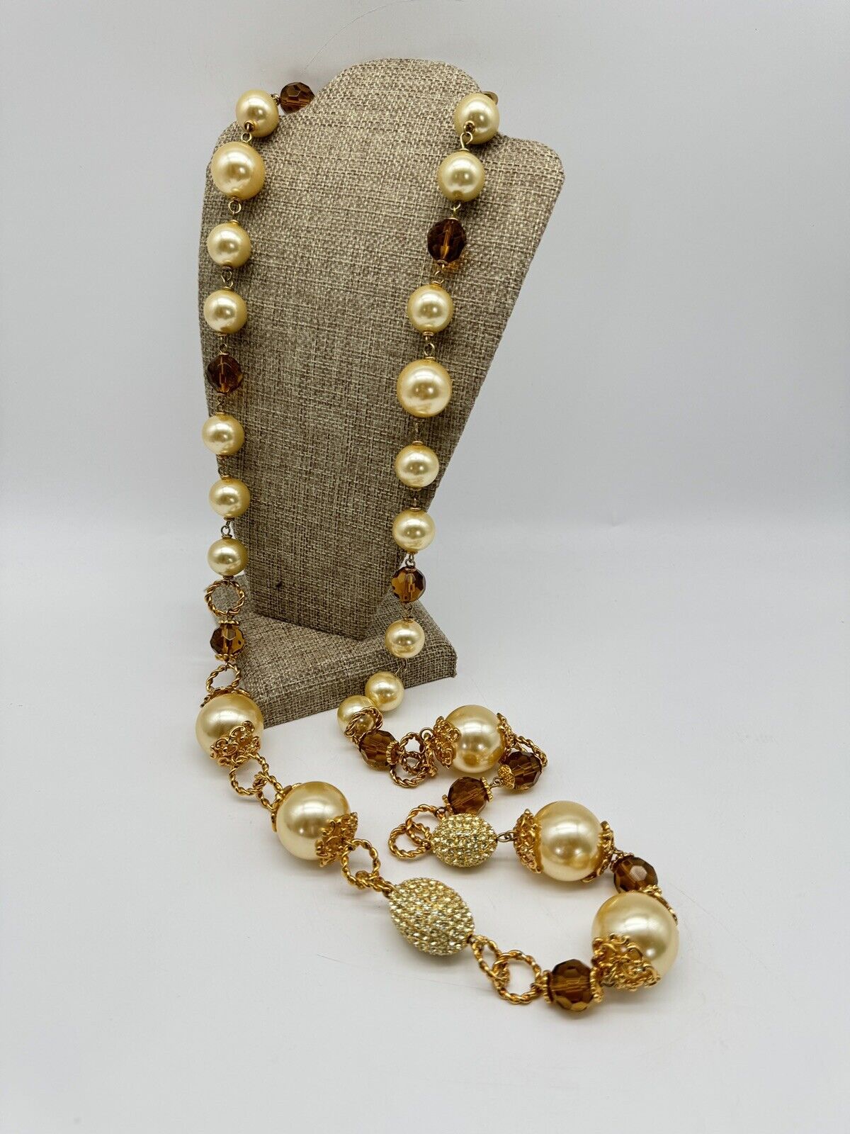 Large VINTAGE Estate Quality 42”l Faux Pearl Rhinestone Necklace