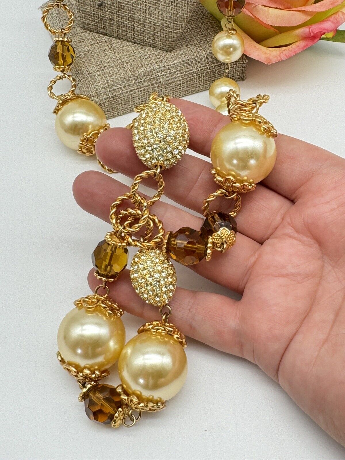 Large VINTAGE Estate Quality 42”l Faux Pearl Rhinestone Necklace