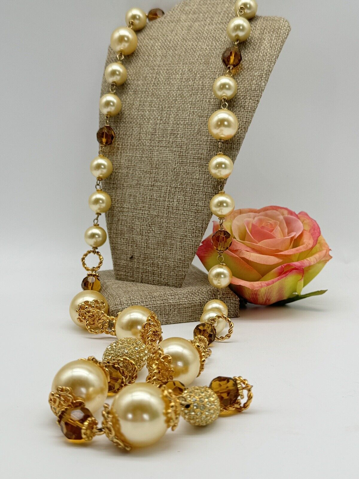 Large VINTAGE Estate Quality 42”l Faux Pearl Rhinestone Necklace