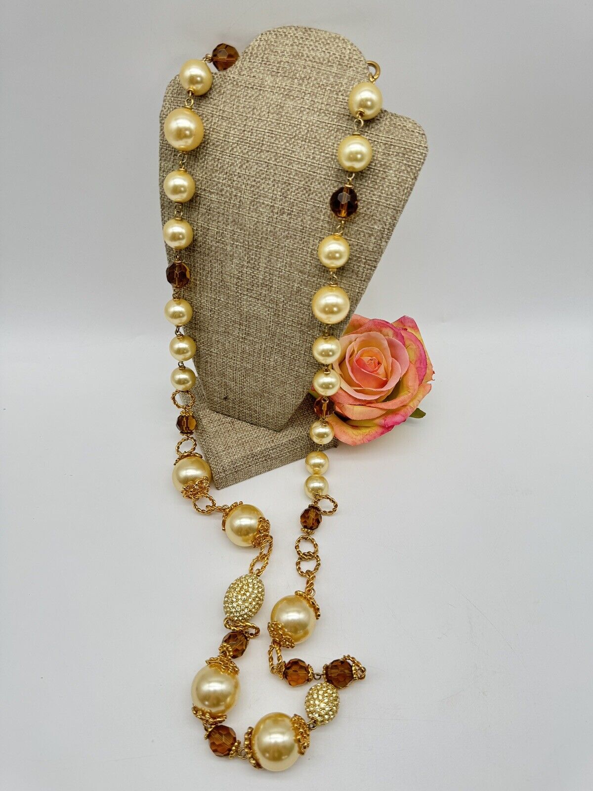 Large VINTAGE Estate Quality 42”l Faux Pearl Rhinestone Necklace