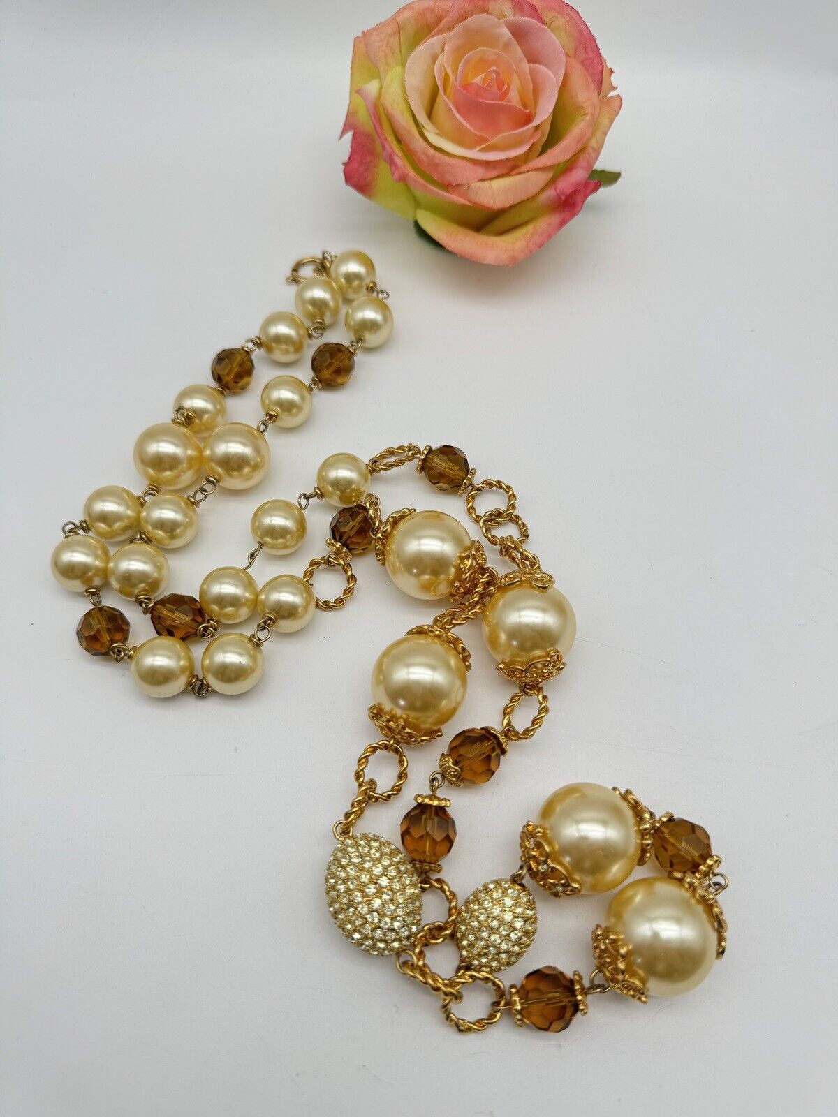 Large VINTAGE Estate Quality 42”l Faux Pearl Rhinestone Necklace