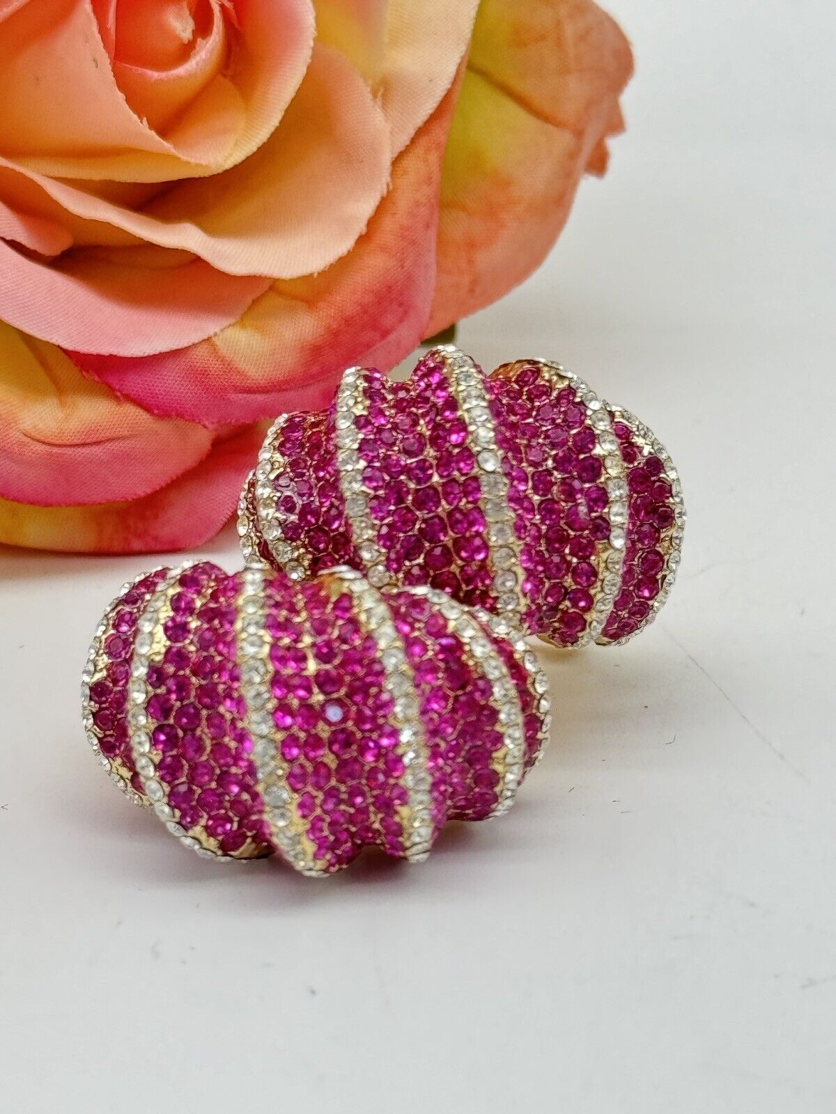 Joan Boyce Pave Crystal Earrings PINK Half Hoop Huggie Clip On Statement New