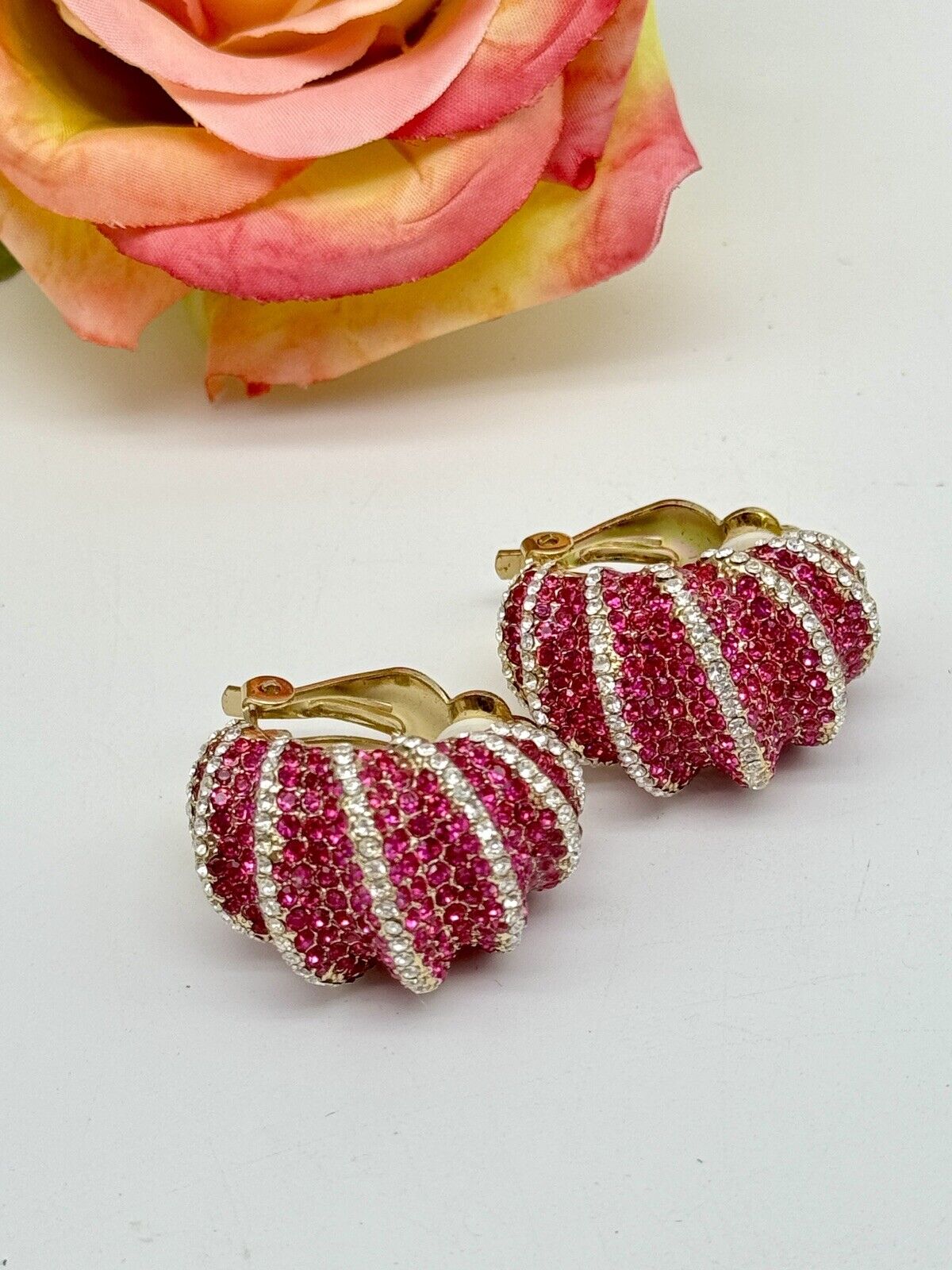 Joan Boyce Pave Crystal Earrings PINK Half Hoop Huggie Clip On Statement New