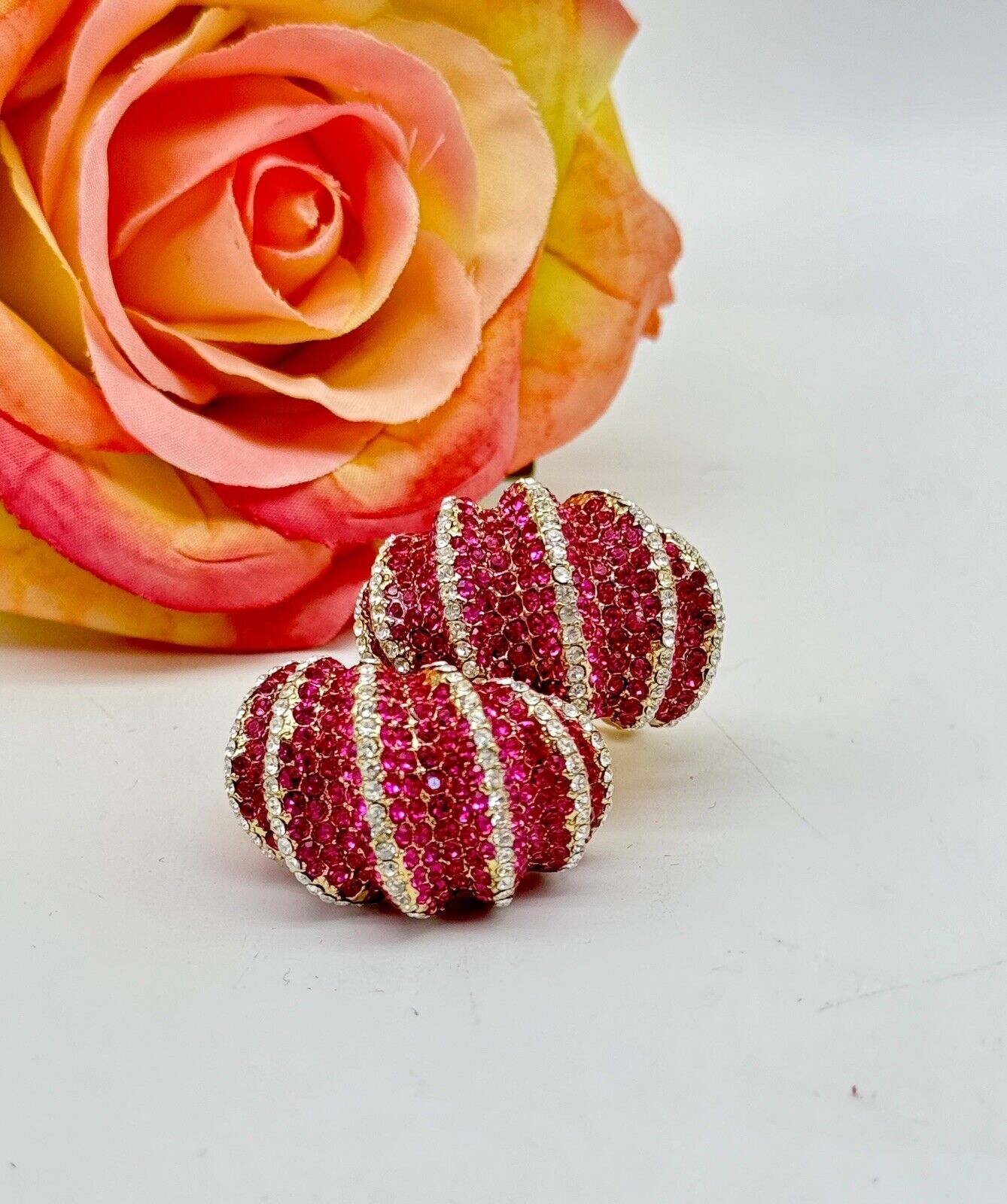 Joan Boyce Pave Crystal Earrings PINK Half Hoop Huggie Clip On Statement New
