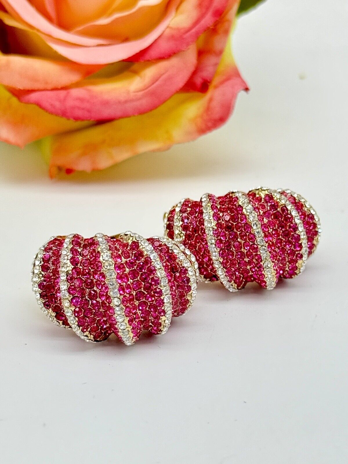 Joan Boyce Pave Crystal Earrings PINK Half Hoop Huggie Clip On Statement New
