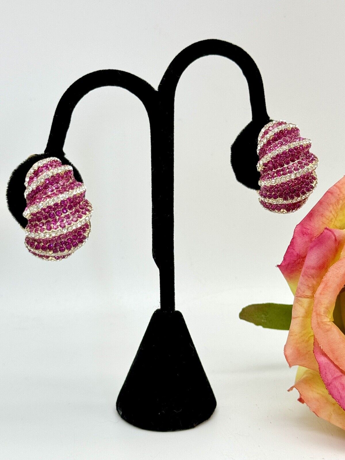 Joan Boyce Pave Crystal Earrings PINK Half Hoop Huggie Clip On Statement New