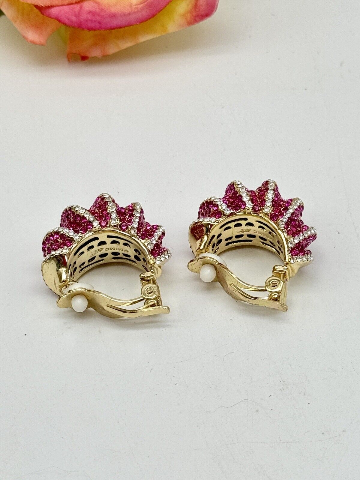 Joan Boyce Pave Crystal Earrings PINK Half Hoop Huggie Clip On Statement New