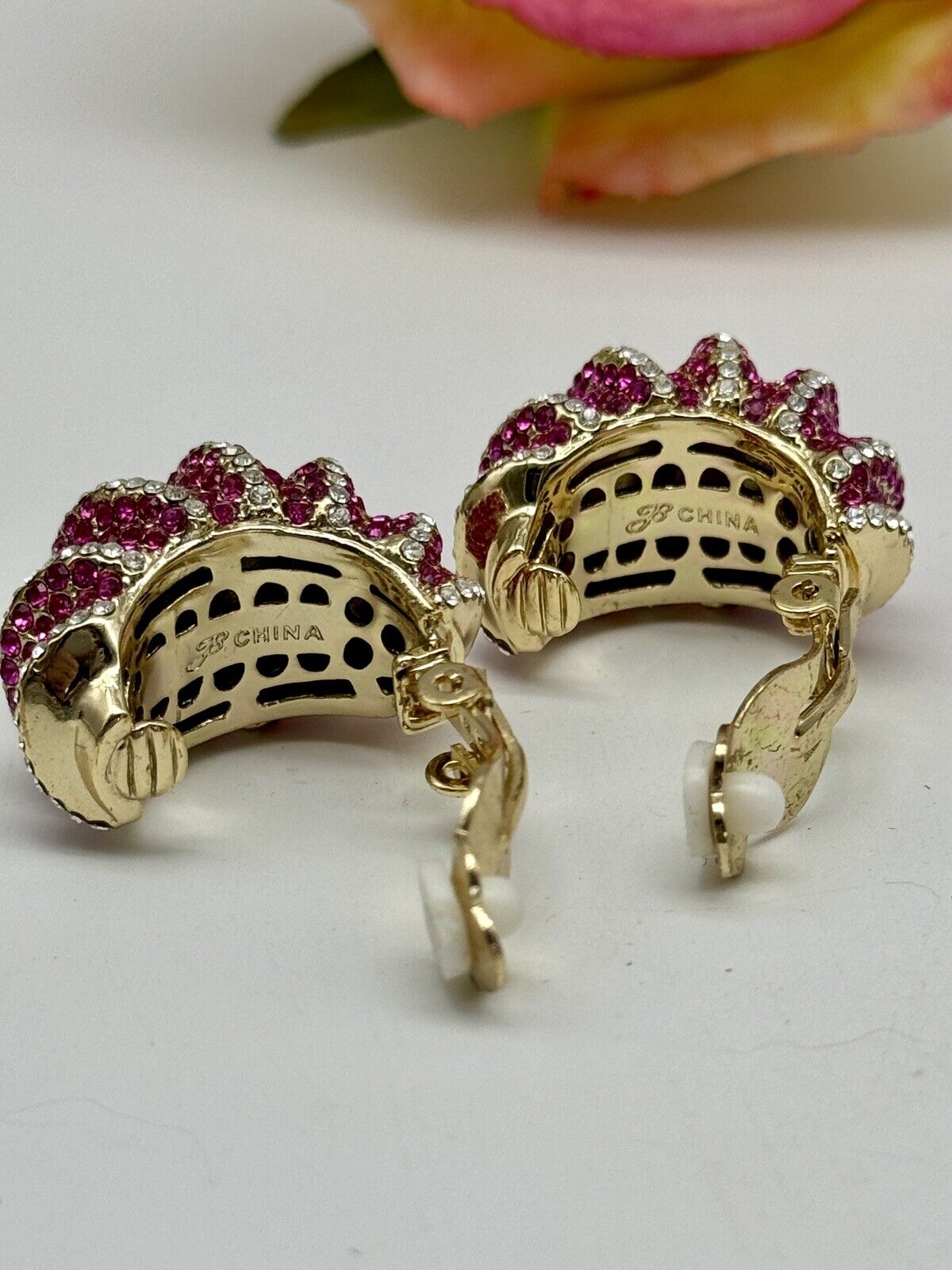 Joan Boyce Pave Crystal Earrings PINK Half Hoop Huggie Clip On Statement New